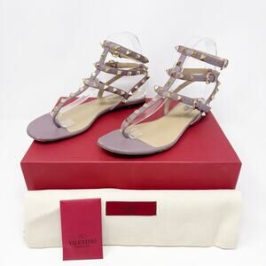 Valentino Rockstud Caged Leather Ankle Strap Flat Sandals Size 37.5